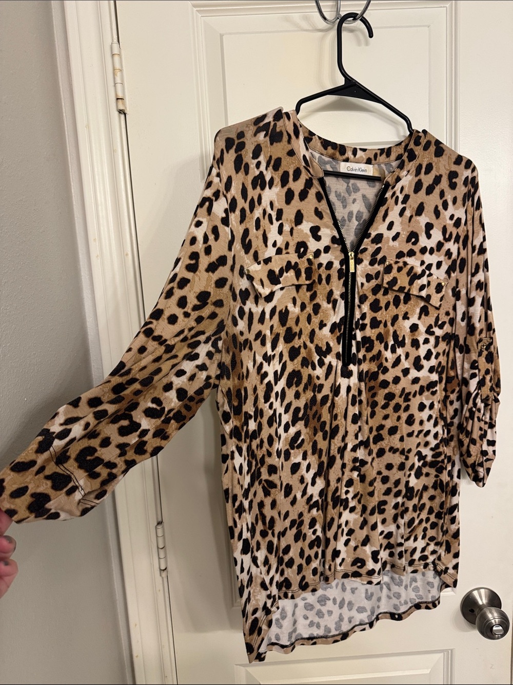Calvin Klein Leopard-Print Zip Front Tunic in Tan and Black